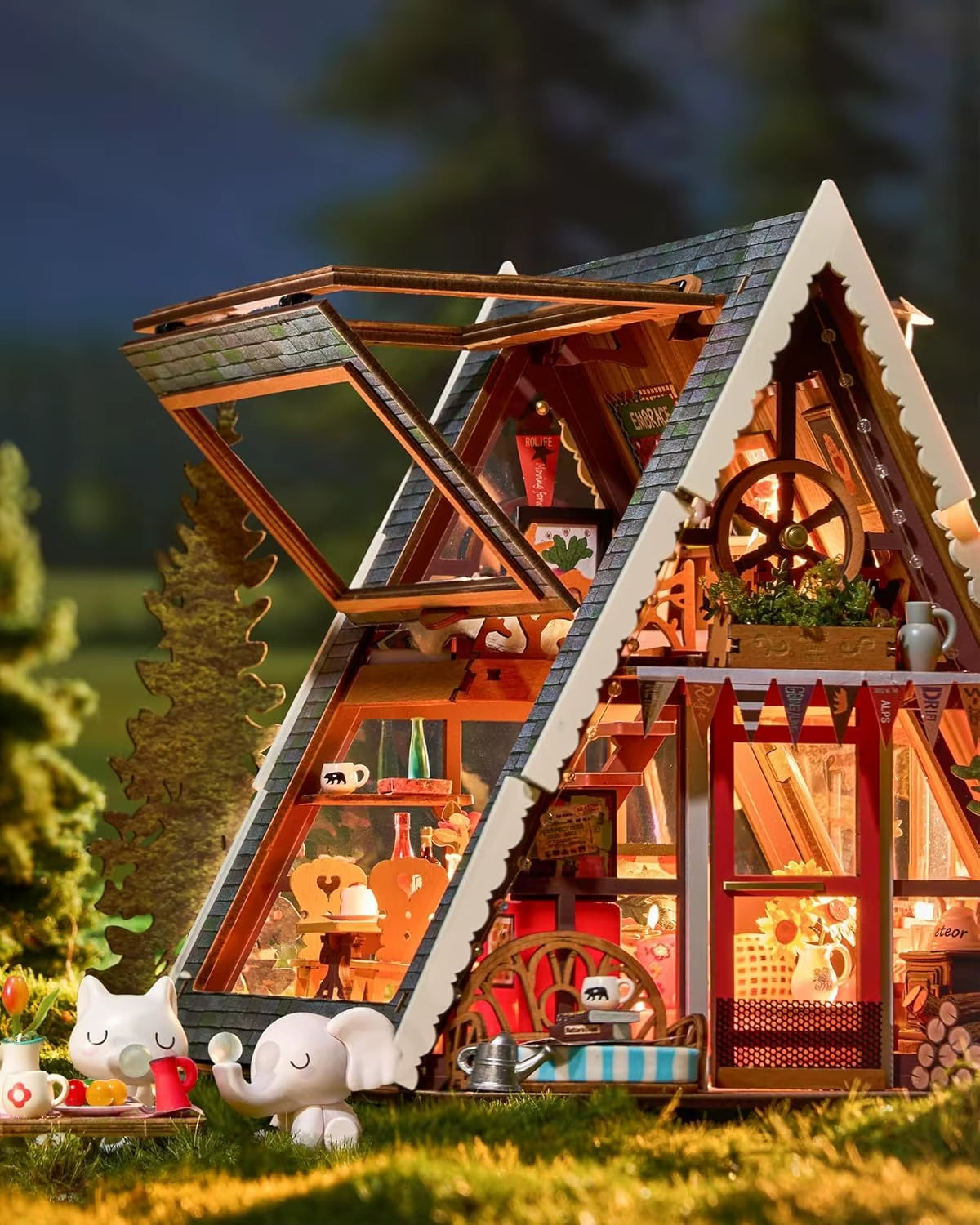 Rolife DIY Miniature House Kit A-Frame Cabin 3D Wooden Puzzle Tiny House with Openable Skylight for Teens & Adults