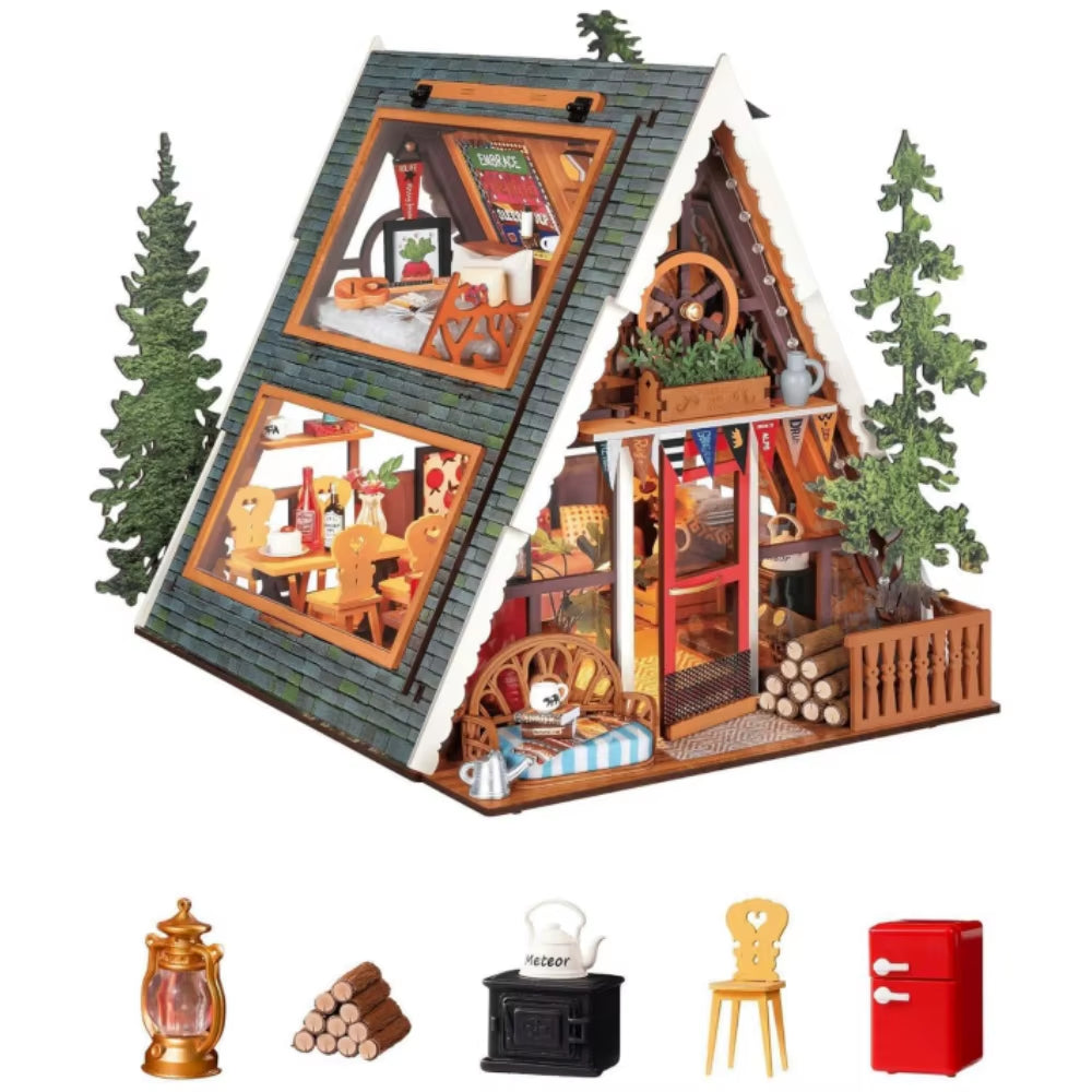 Rolife DIY Miniature House Kit A-Frame Cabin 3D Wooden Puzzle Tiny House with Openable Skylight for Teens & Adults