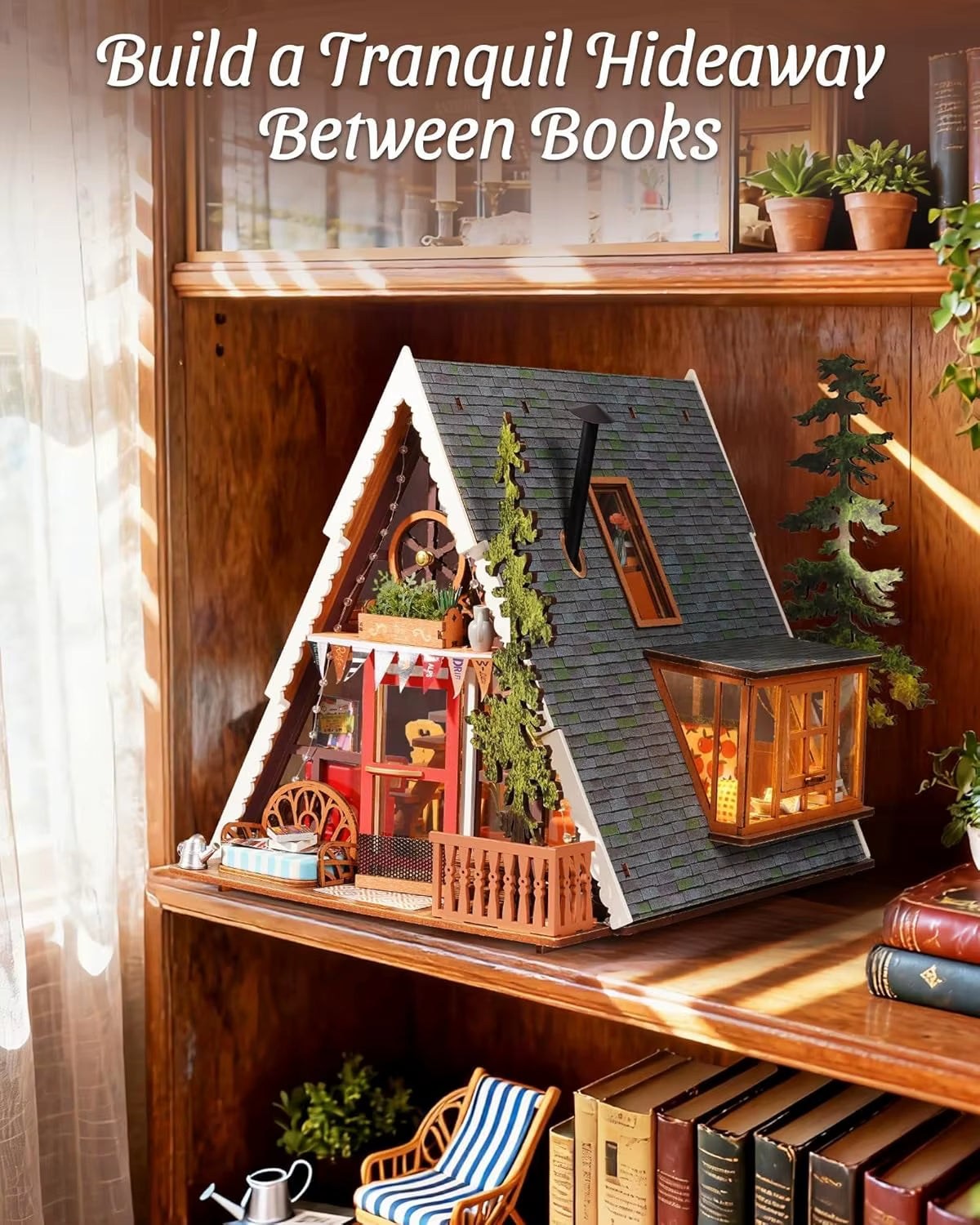 Rolife DIY Miniature House Kit A-Frame Cabin 3D Wooden Puzzle Tiny House with Openable Skylight for Teens & Adults