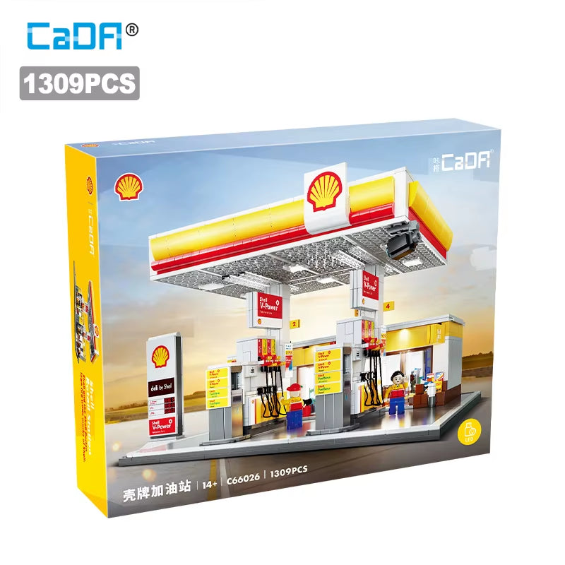 DIY Shell Retail Station C66026W Car Wash Gas Station Car Building Block USB Lighting Build Bricks Gift Toys for Children