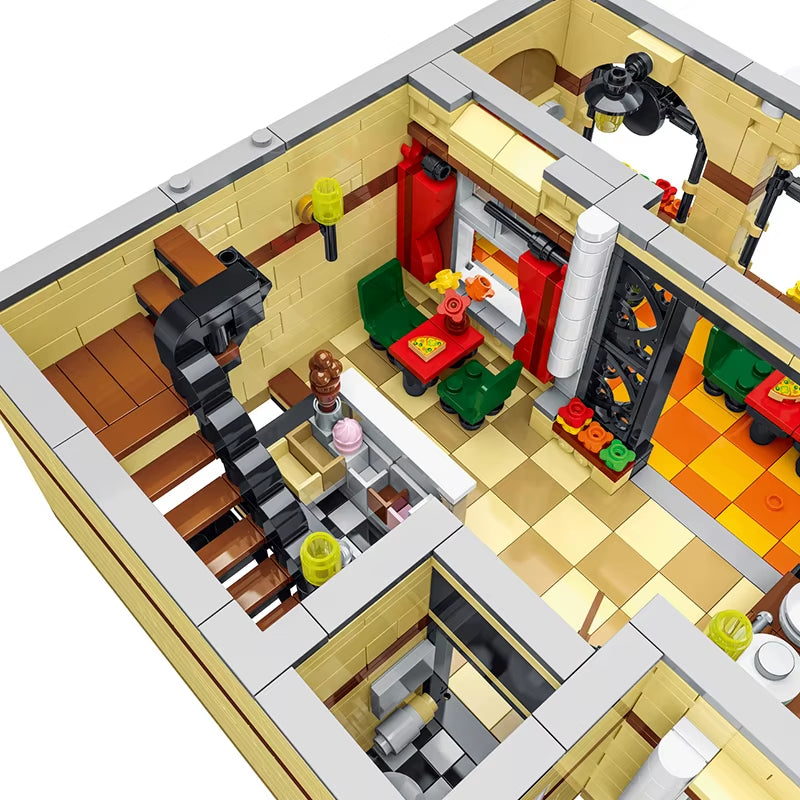 MOC City Street Scene Super Sized European Style Retro Pizza Villa Shop Building Blocks Children'S Puzzle Blcok Toys Gifts