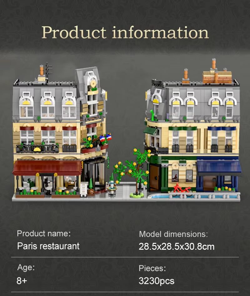 3230Pcs  City Paris Restaurant & House Architecture Building Blocks Set French Apartment Figures Bricks Toy for Kids Gift