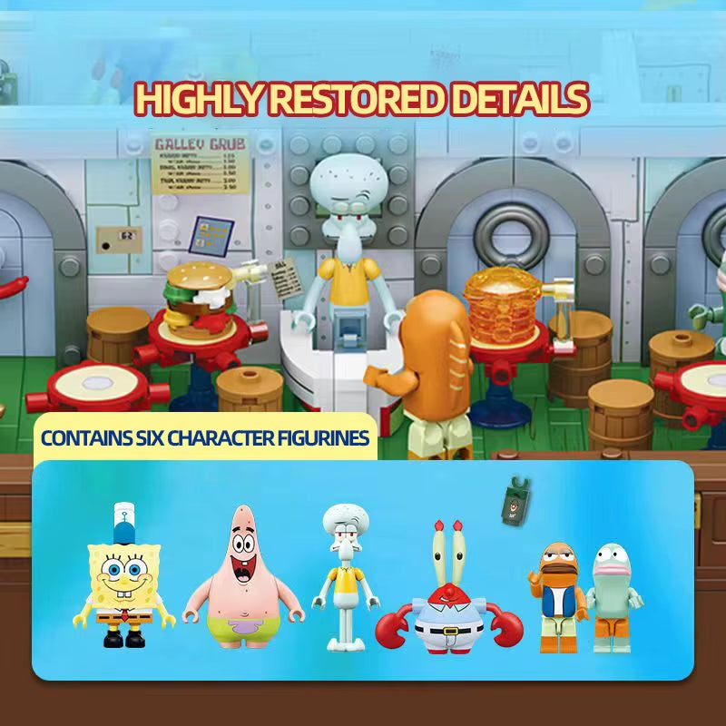 Spongebob Cartoon Krusty Krab Restaurant Building Blocks Creative Canteen Scenes Model Bricks Desktop Ornaments Toy for Kid Gift