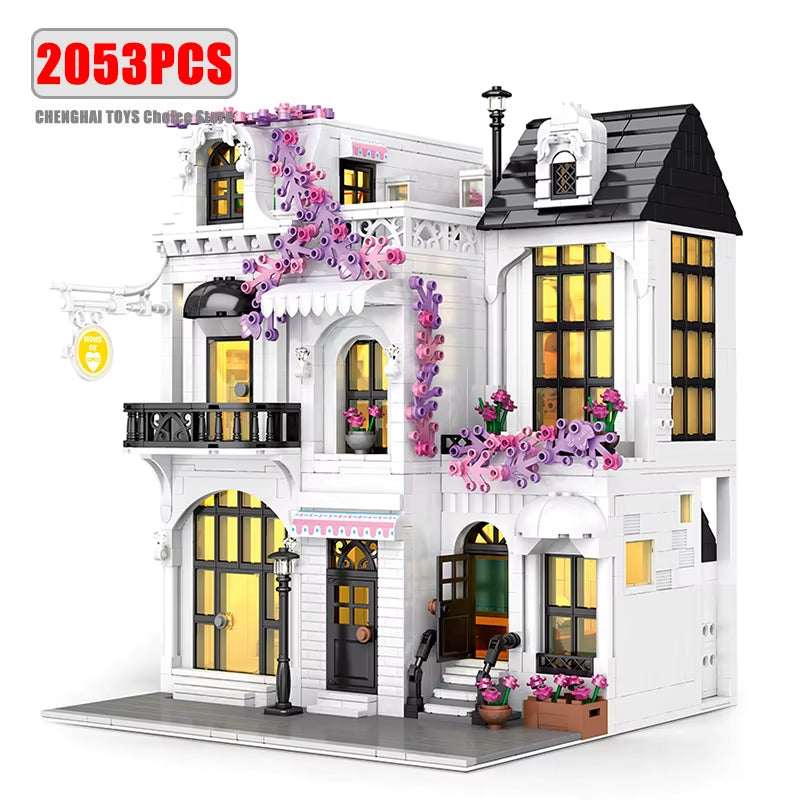 MOC Creative European Architecture Building Blocks Garden Hotel Flower Street Villa Street View Bricks Ideas Toy for Friend Gift