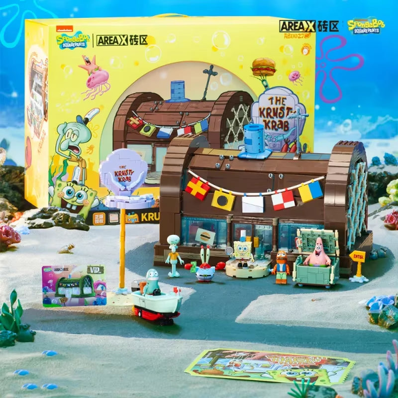 Spongebob Cartoon Krusty Krab Restaurant Building Blocks Creative Canteen Scenes Model Bricks Desktop Ornaments Toy for Kid Gift