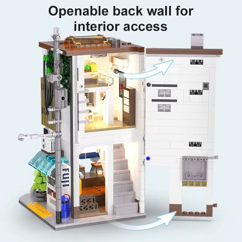 LED City Japanese Street View Bricks Shop LED Japanese Steamed Bun House Architecture Building Blocks Summer Cafe Toys
