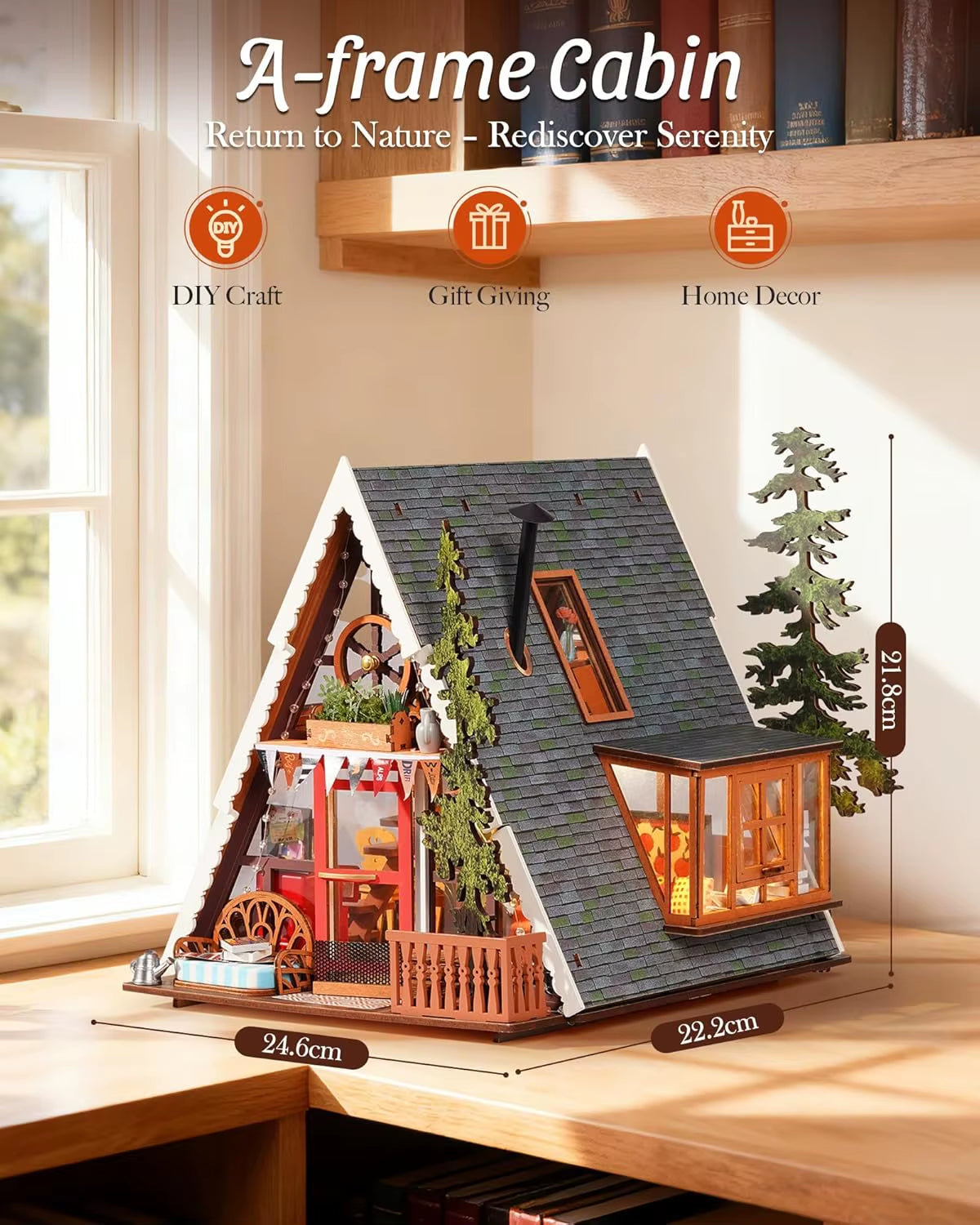 Rolife DIY Miniature House Kit A-Frame Cabin 3D Wooden Puzzle Tiny House with Openable Skylight for Teens & Adults