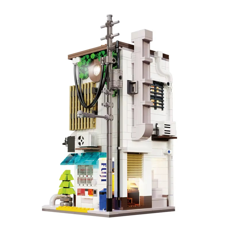 City LED Japanese Steamed Bun House Architecture Building Blocks Friends Shop Figures Bricks Toys Cherry Blossom Kids Gifts