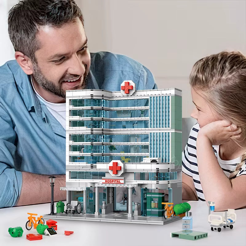City Hospital Toy Building Set with LED Lighting, Compatible with Lego, Modular Three-Story Architecture Set for Adults, Gift Id