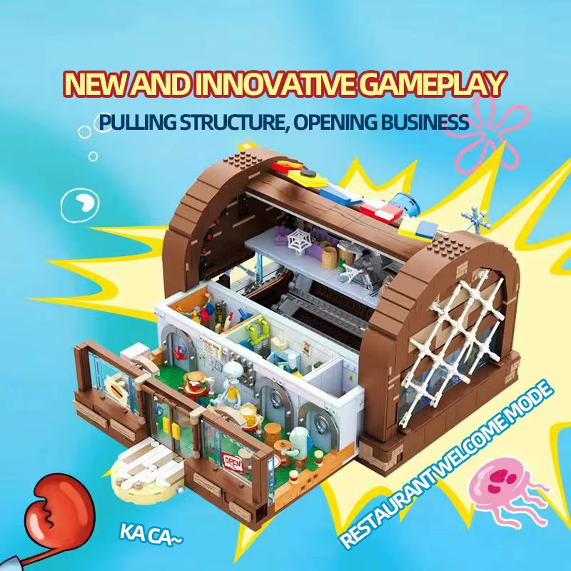 Spongebob Cartoon Krusty Krab Restaurant Building Blocks Creative Canteen Scenes Model Bricks Desktop Ornaments Toy for Kid Gift