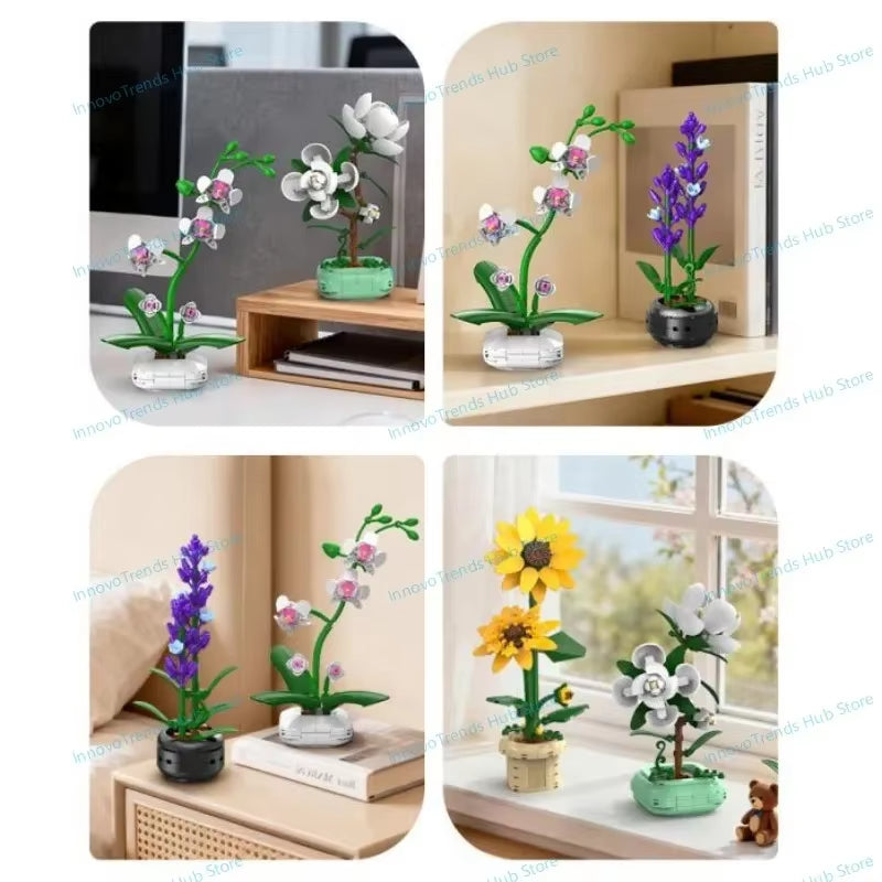 Sunflower Lavender Camellia Bunch of Flowers Building Blocks City Romantic Home Decoration Blossom Orchid Bricks Toys Gift
