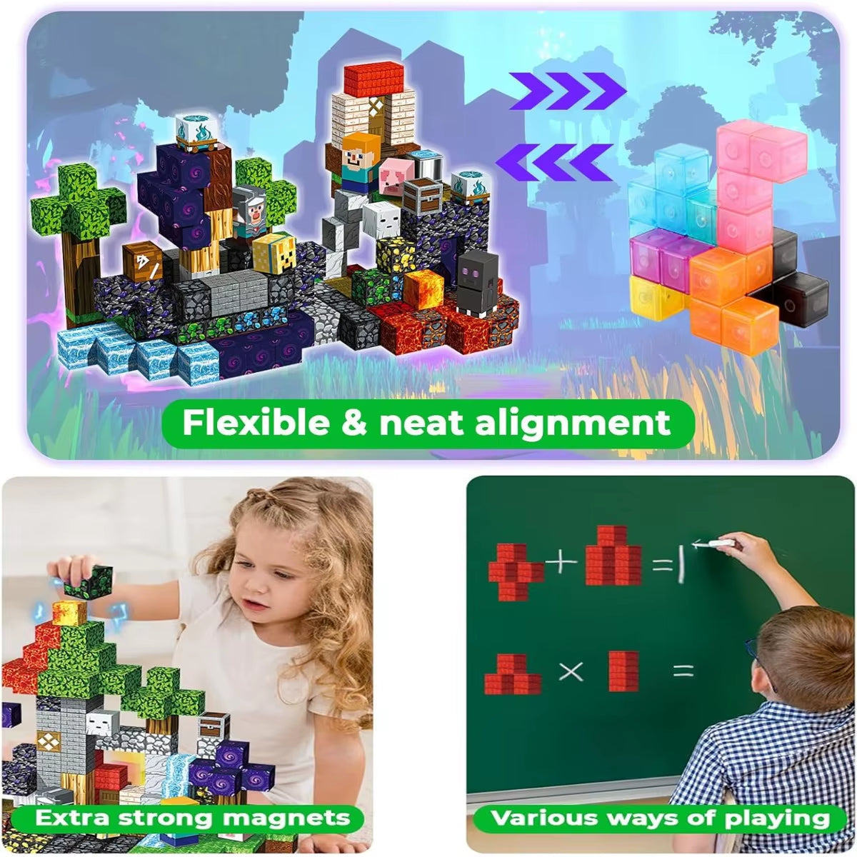 Magnetic Building Blocks Mine World Magnetic Forest Ender Head Construction Brick Cube STEM Toy Set Gift for Boy Girl Children