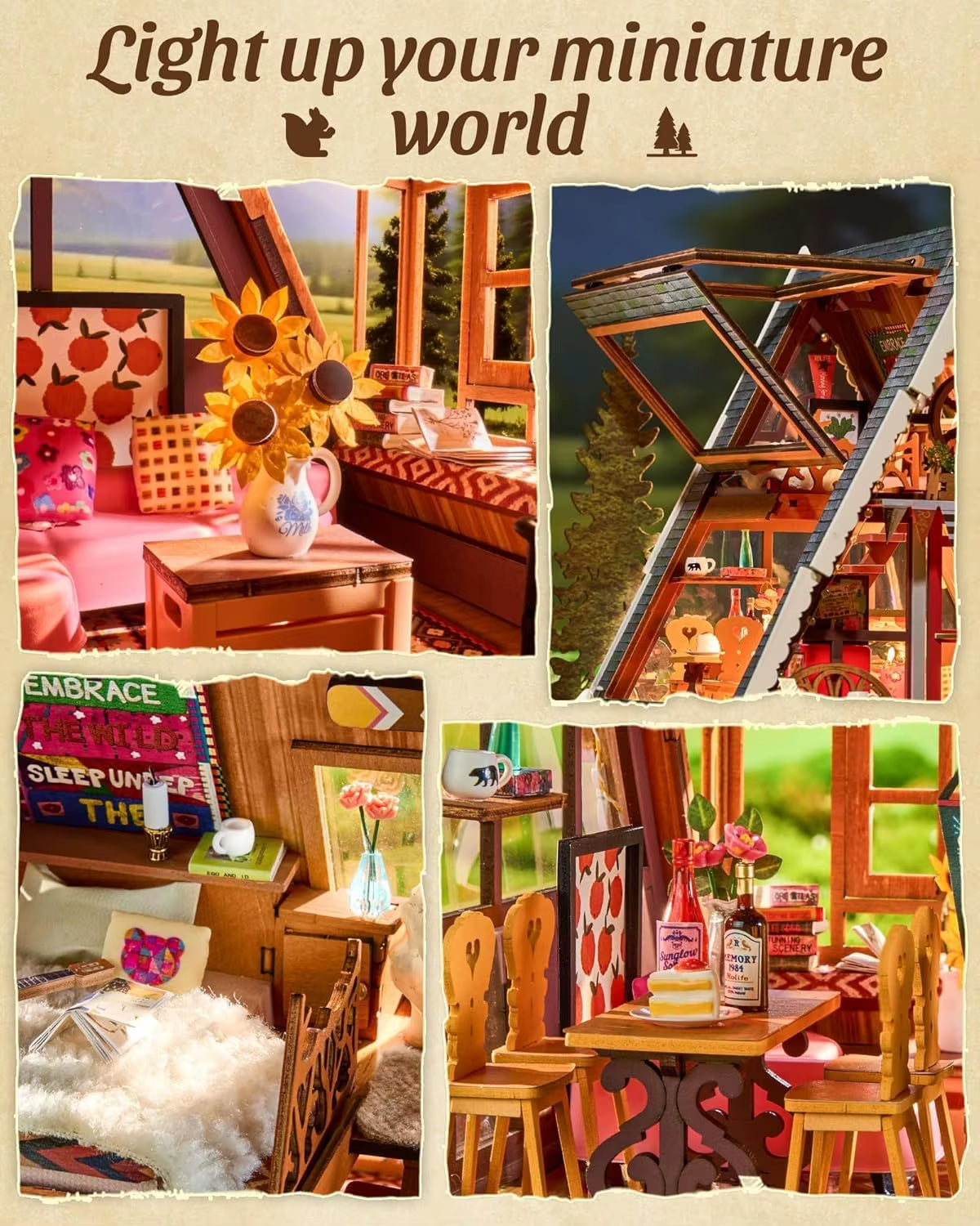 Rolife DIY Miniature House Kit A-Frame Cabin 3D Wooden Puzzle Tiny House with Openable Skylight for Teens & Adults