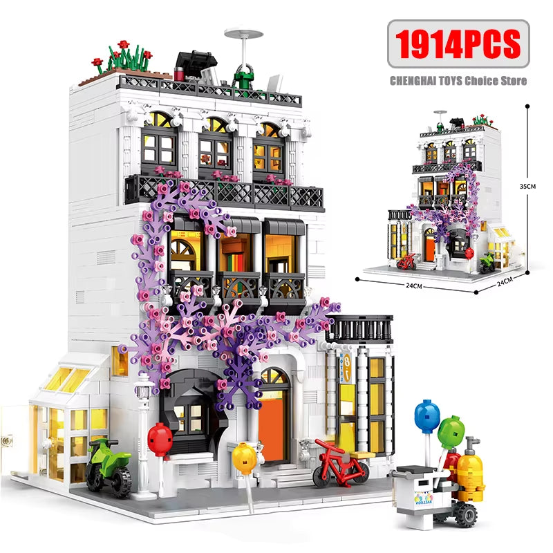 MOC Creative European Architecture Building Blocks Garden Hotel Flower Street Villa Street View Bricks Ideas Toy for Friend Gift