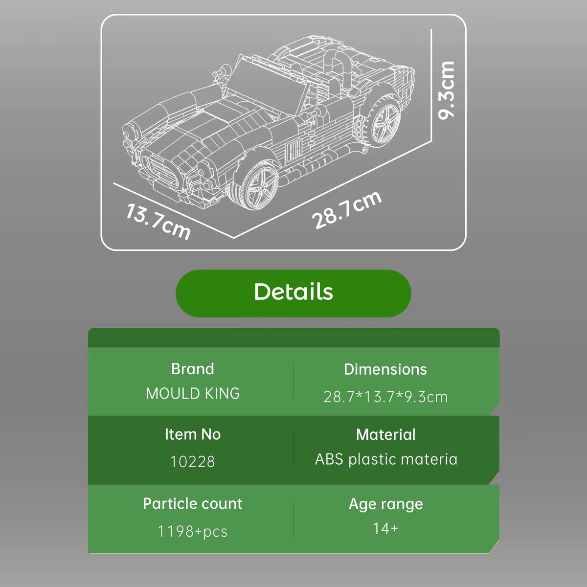 Mould King 10228 AC Cobra Building Blocks Classic Convertible Sports Car Retro Vintage Car Model Desktop Ornament Kids Toys Gift