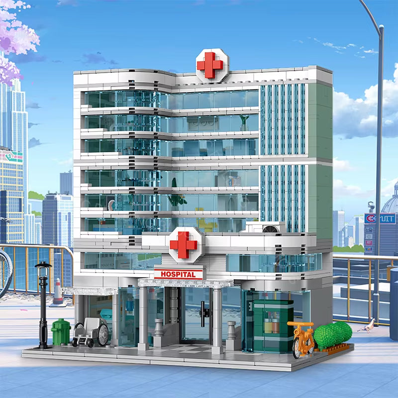 City Hospital Toy Building Set with LED Lighting, Compatible with Lego, Modular Three-Story Architecture Set for Adults, Gift Id