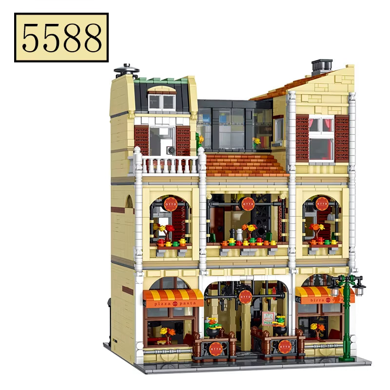 MOC City Street Scene Super Sized European Style Retro Pizza Villa Shop Building Blocks Children'S Puzzle Blcok Toys Gifts