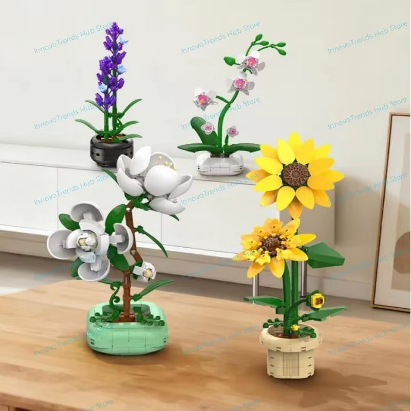 Sunflower Lavender Camellia Bunch of Flowers Building Blocks City Romantic Home Decoration Blossom Orchid Bricks Toys Gift