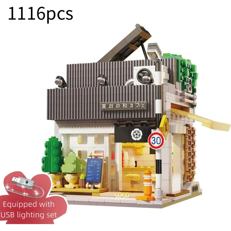 LED City Japanese Street View Bricks Shop LED Japanese Steamed Bun House Architecture Building Blocks Summer Cafe Toys