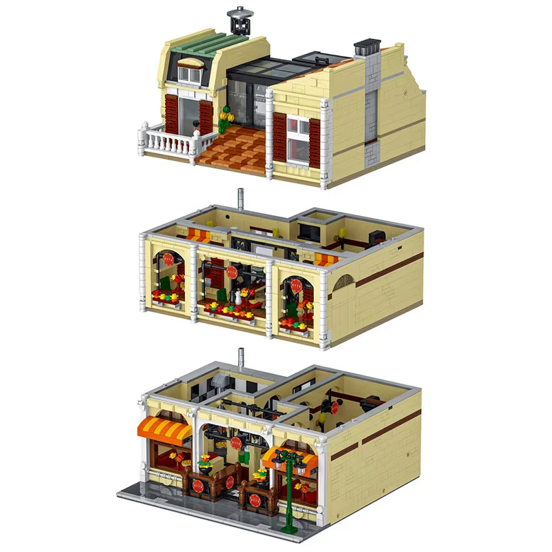 MOC City Street Scene Super Sized European Style Retro Pizza Villa Shop Building Blocks Children'S Puzzle Blcok Toys Gifts