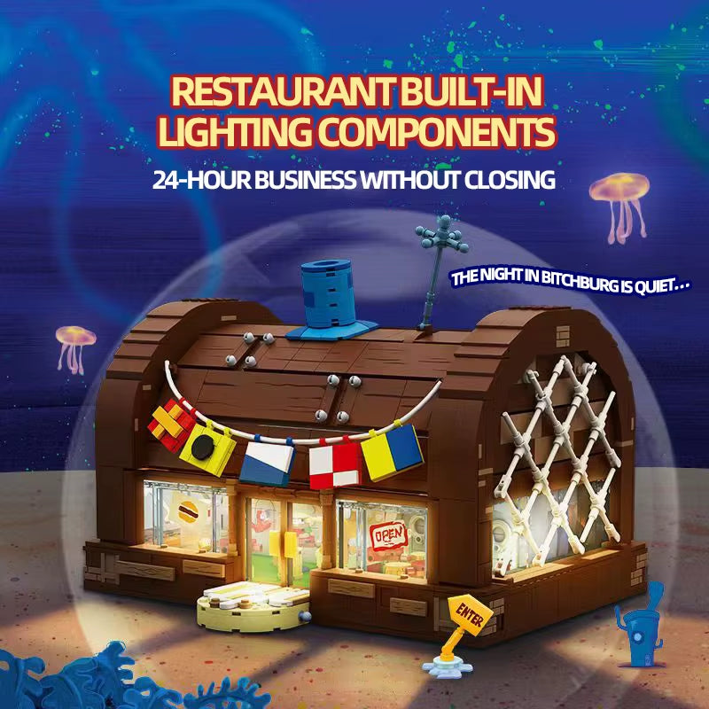 Spongebob Cartoon Krusty Krab Restaurant Building Blocks Creative Canteen Scenes Model Bricks Desktop Ornaments Toy for Kid Gift