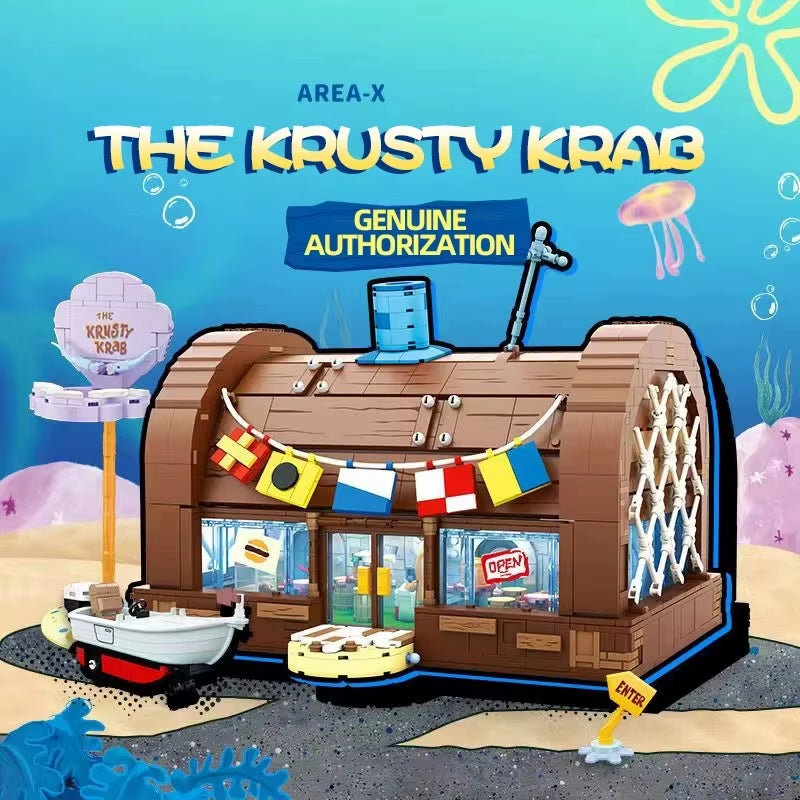 Spongebob Cartoon Krusty Krab Restaurant Building Blocks Creative Canteen Scenes Model Bricks Desktop Ornaments Toy for Kid Gift