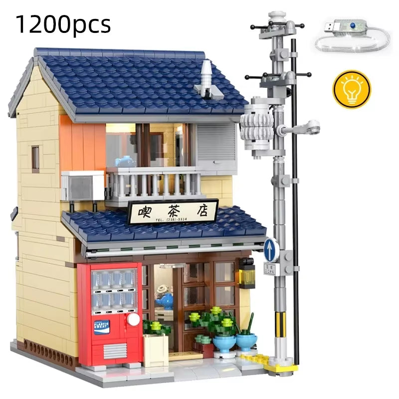 LED City Japanese Street View Bricks Shop LED Japanese Steamed Bun House Architecture Building Blocks Summer Cafe Toys
