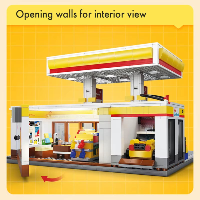DIY Shell Retail Station C66026W Car Wash Gas Station Car Building Block USB Lighting Build Bricks Gift Toys for Children