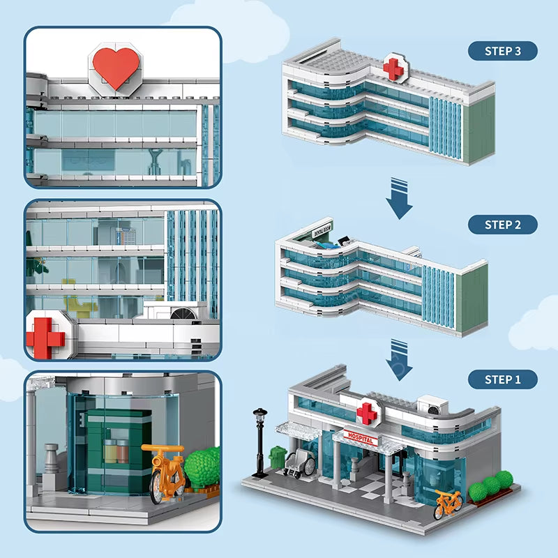City Hospital Toy Building Set with LED Lighting, Compatible with Lego, Modular Three-Story Architecture Set for Adults, Gift Id