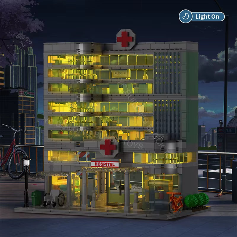 City Hospital Toy Building Set with LED Lighting, Compatible with Lego, Modular Three-Story Architecture Set for Adults, Gift Id