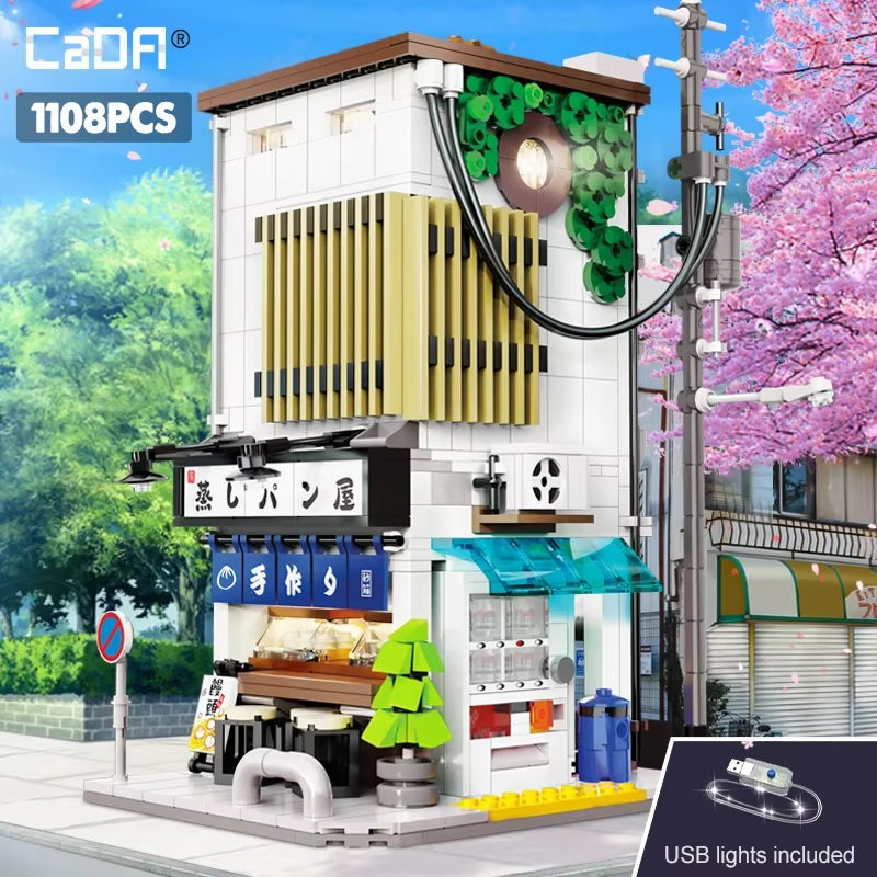 City LED Japanese Steamed Bun House Architecture Building Blocks Friends Shop Figures Bricks Toys Cherry Blossom Kids Gifts
