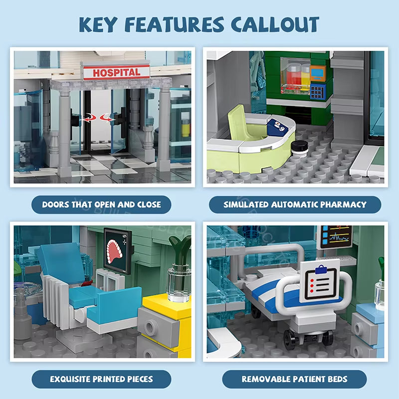 City Hospital Toy Building Set with LED Lighting, Compatible with Lego, Modular Three-Story Architecture Set for Adults, Gift Id