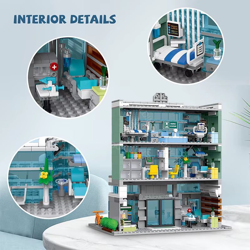 City Hospital Toy Building Set with LED Lighting, Compatible with Lego, Modular Three-Story Architecture Set for Adults, Gift Id