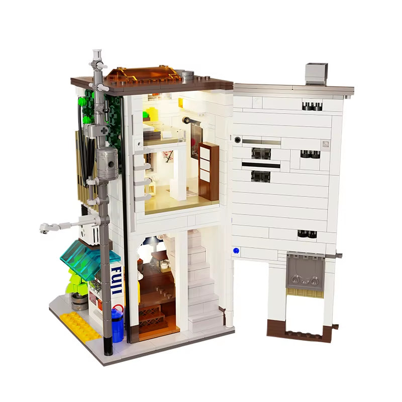 City LED Japanese Steamed Bun House Architecture Building Blocks Friends Shop Figures Bricks Toys Cherry Blossom Kids Gifts