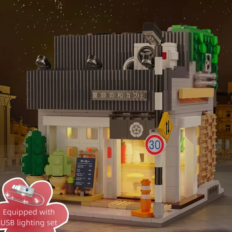 LED City Japanese Street View Bricks Shop LED Japanese Steamed Bun House Architecture Building Blocks Summer Cafe Toys