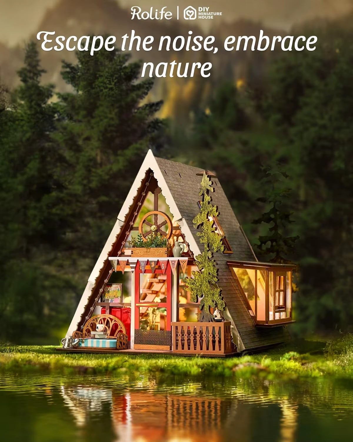 Rolife DIY Miniature House Kit A-Frame Cabin 3D Wooden Puzzle Tiny House with Openable Skylight for Teens & Adults