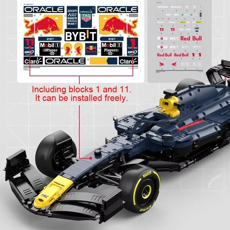 2509PCS 1:8 Technik F1 Redbull RB19 1. Max. Verstappen 11 Perez Racing Formula Bausteine Modell MOC Auto Ziegel Spielzeug
