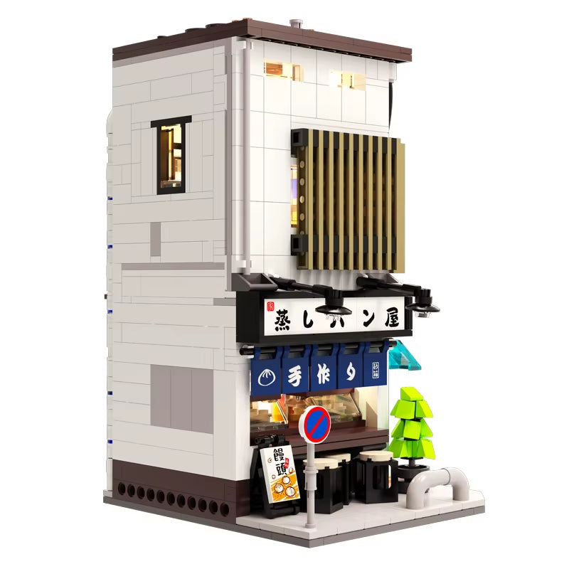 City LED Japanese Steamed Bun House Architecture Building Blocks Friends Shop Figures Bricks Toys Cherry Blossom Kids Gifts
