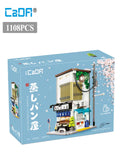 City LED Japanese Steamed Bun House Architecture Building Blocks Friends Shop Figures Bricks Toys Cherry Blossom Kids Gifts