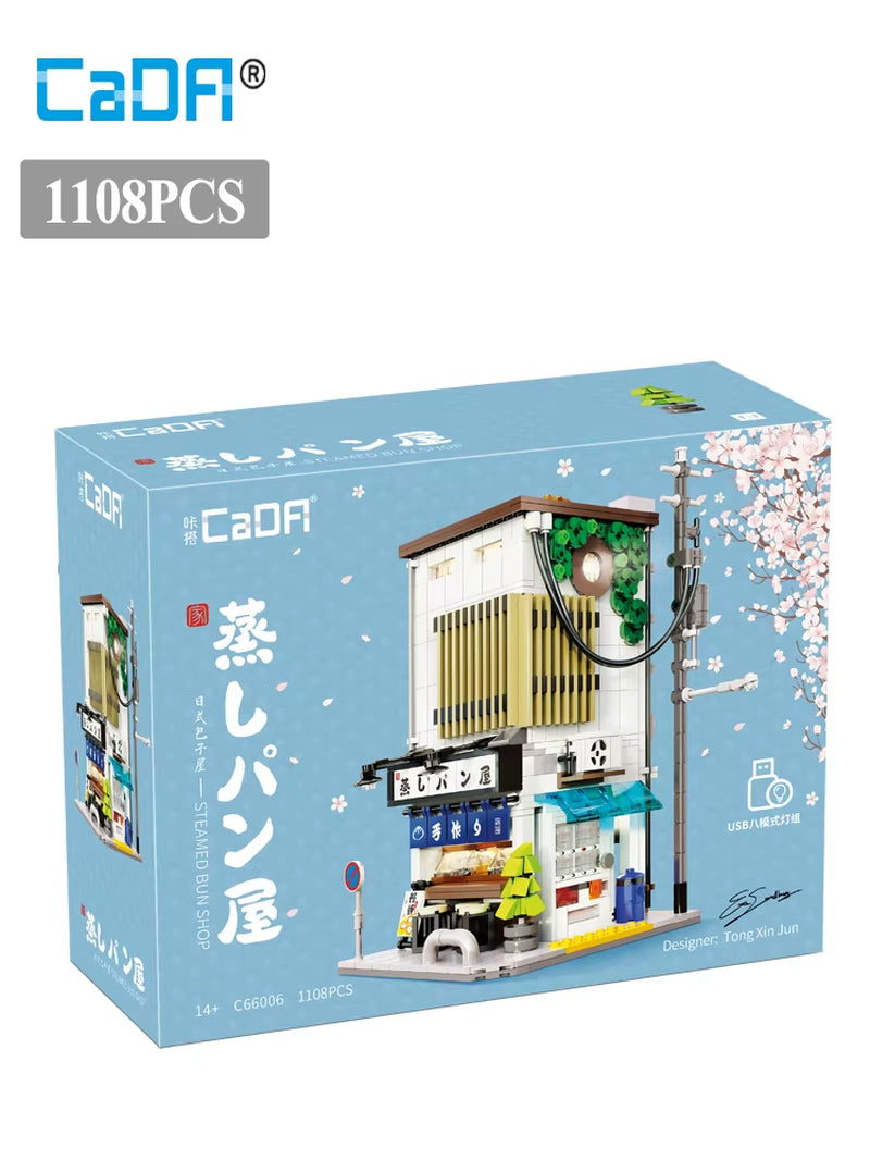 City LED Japanese Steamed Bun House Architecture Building Blocks Friends Shop Figures Bricks Toys Cherry Blossom Kids Gifts