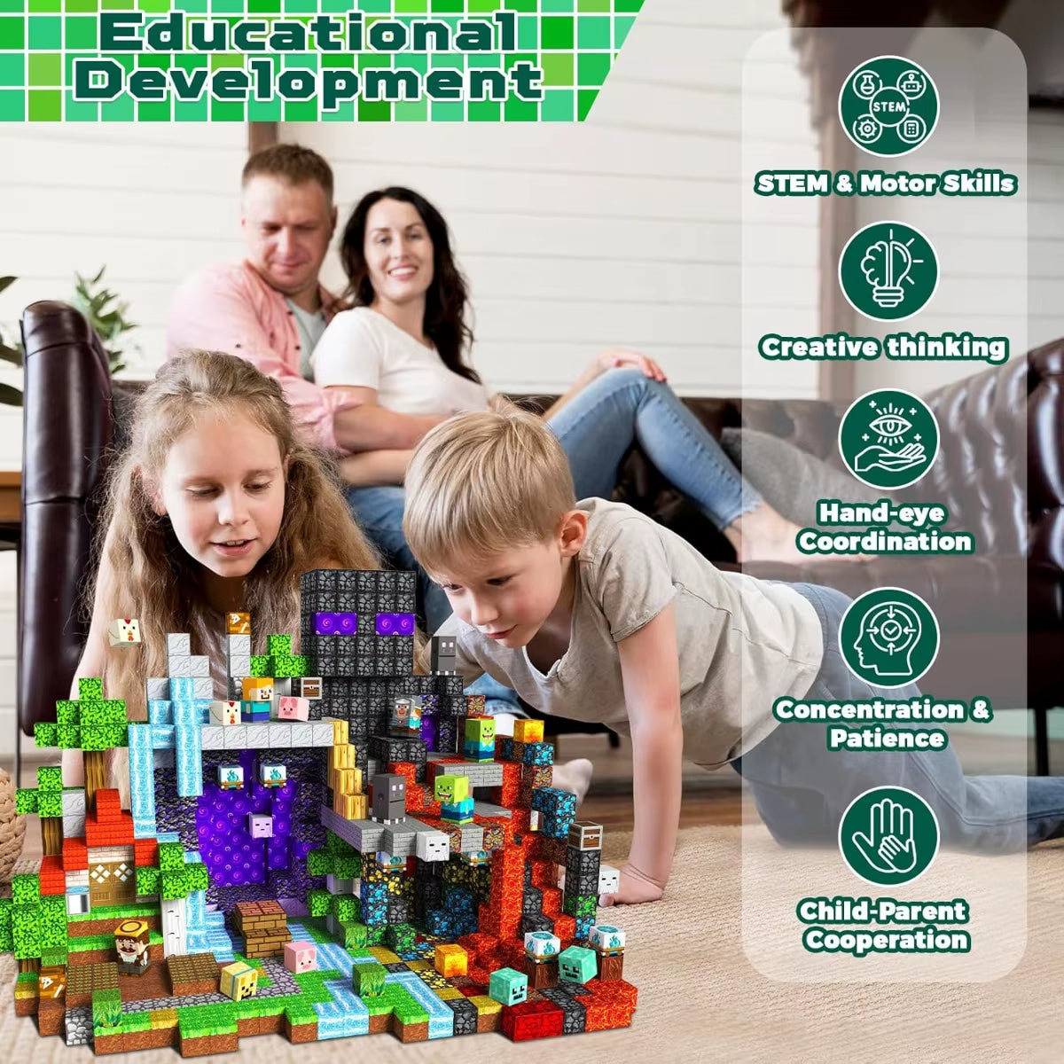 Magnetic Building Blocks Mine World Magnetic Forest Ender Head Construction Brick Cube STEM Toy Set Gift for Boy Girl Children