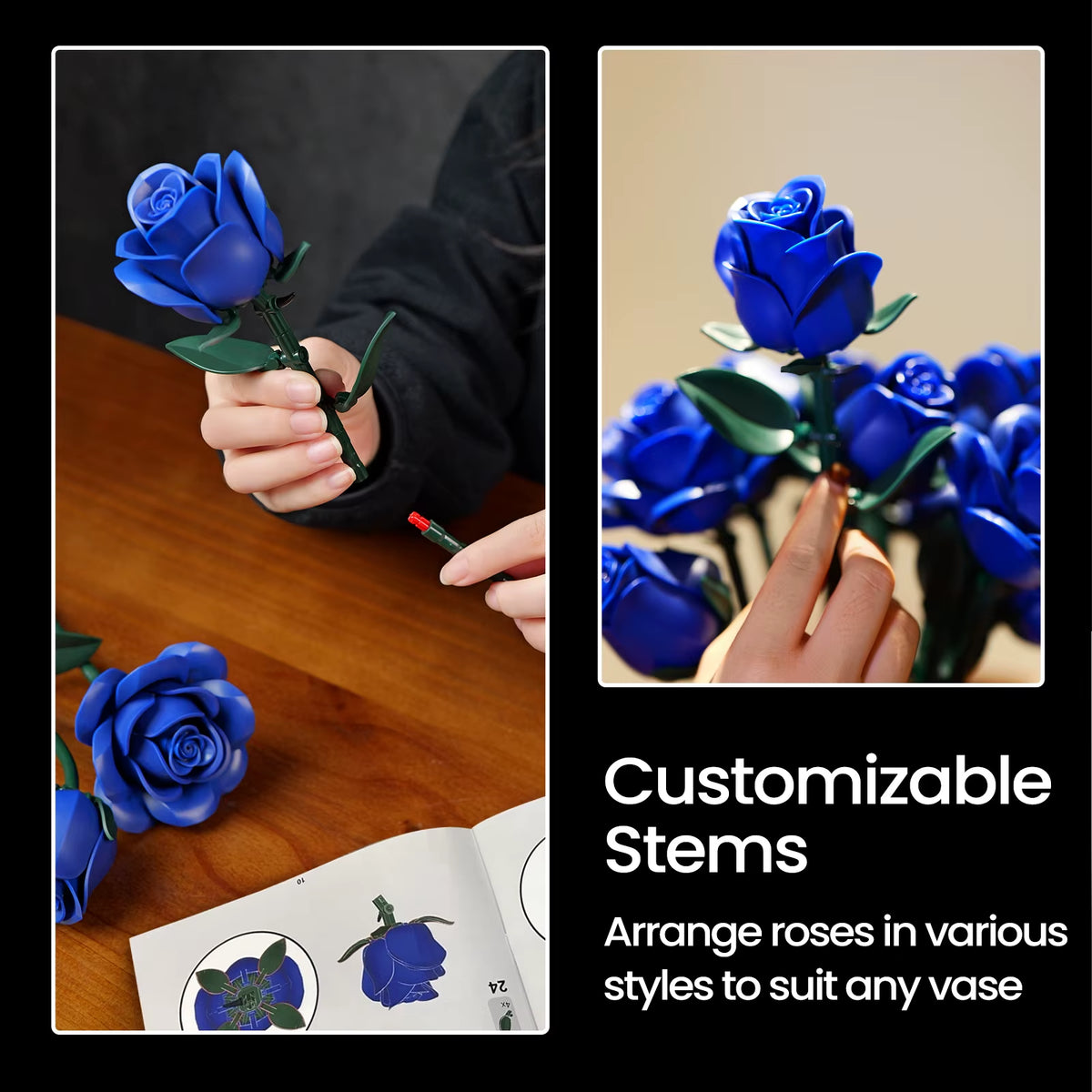 Blue Rose Blocks Flowers Building Set Artificial Roses Wedding Floral Decorations Bricks Toys Valentines Birthday Gift for Adult