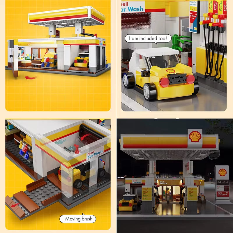 DIY Shell Retail Station C66026W Car Wash Gas Station Car Building Block USB Lighting Build Bricks Gift Toys for Children
