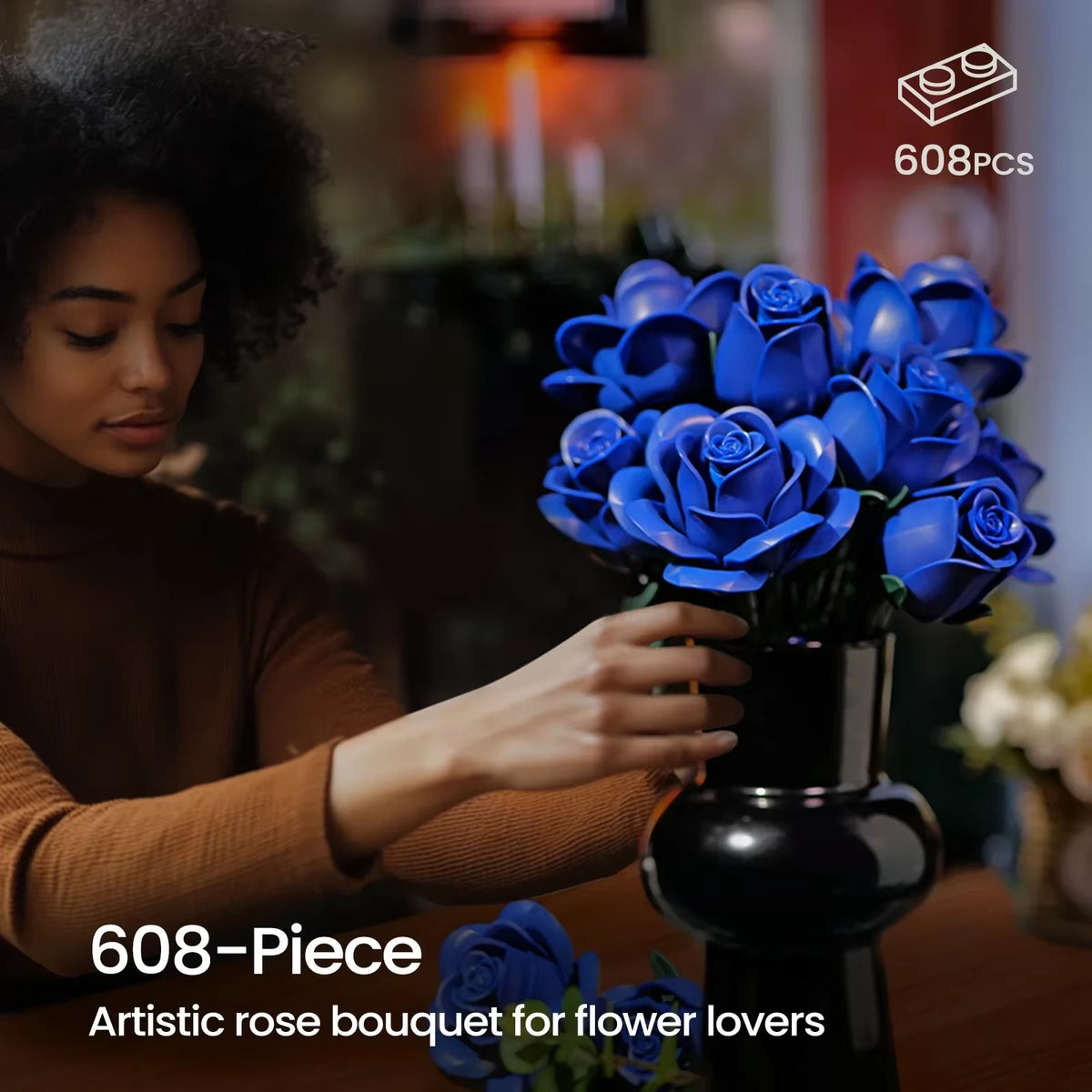 Blue Rose Blocks Flowers Building Set Artificial Roses Wedding Floral Decorations Bricks Toys Valentines Birthday Gift for Adult